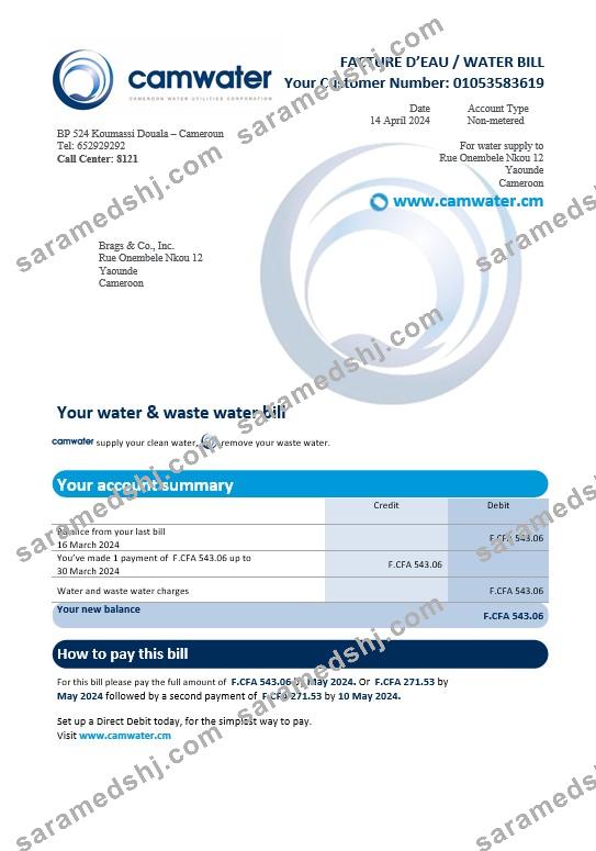 Cameroon Camwater business utility bill Word and PDF template (2).doc